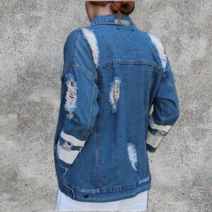 Super Cool Distressed Denim Jacket with Varsity Stripes